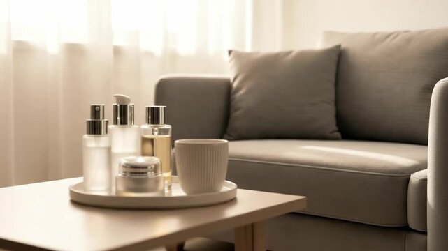 Stylish skincare arrangement on table, revealing various bottles and jars against soft beige couch. Skincare, presented with neat placement,