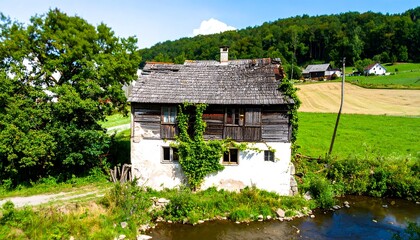 Fototapeta premium Old wooden house by a river
