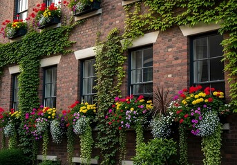 A brick building facade adorned with vibrant window boxes overflowing with colorful flowers and cascading greenery.