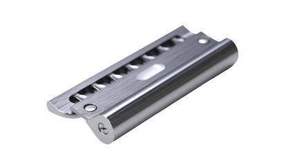 Close-up of a sleek, metallic razor.  The  folding design shows precision engineering.  A series of sharp blades are visible along the top