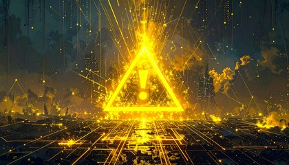 Abstract digital landscape with a glowing golden triangle and an exclamation point at center, with bright lines streaming across a cityscape, suggestive of technology