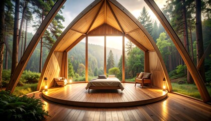 Fototapeta premium Wooden cabin bedroom with forest view