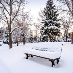 Snowy park bench at dawn (1)