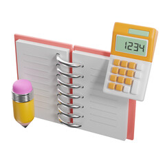 Notebook with calculator and pencil. 3D illustration.