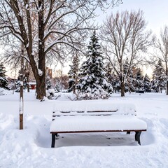Snowy park bench at dawn