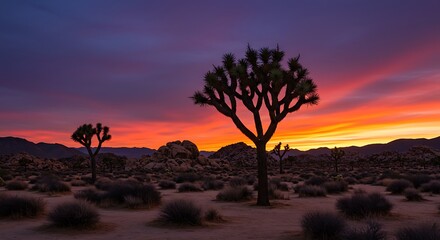 Vibrant Desert Sunset with Joshua Trees.
