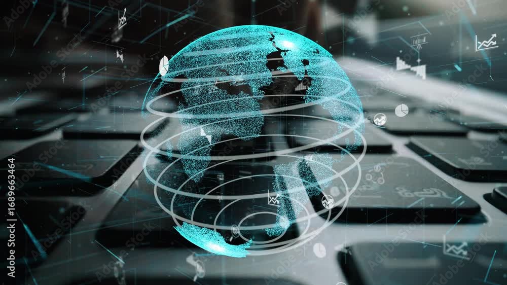 Poster abstract depiction of global connectivity featuring a glowing globe and digital data graphics overla