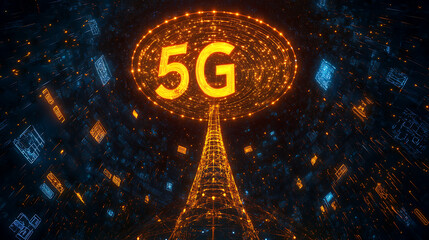 Illuminated 5G Tower in a Futuristic Cityscape