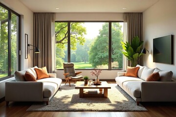 Fototapeta premium Cozy living room interior with comfortable furniture, natural light streaming through large windows, and stylish decor Perfect for relaxation and family gatherings , house, furniture