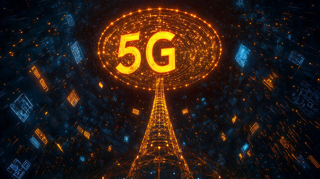Illuminated 5G Tower in a Futuristic Cityscape
