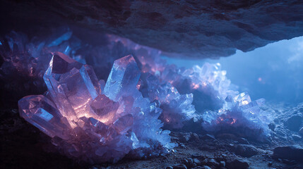 Glowing crystals illuminate a hidden cave at twilight