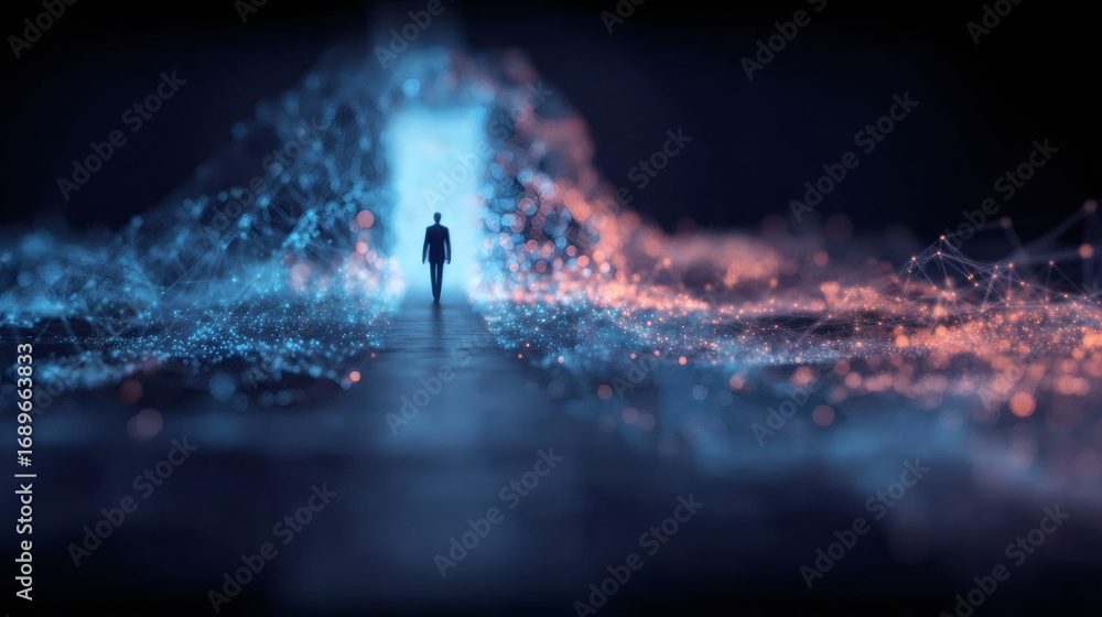 Poster man walking through an abstract digital tunnel. internet big data analysis and data processing in in