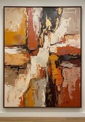 A dynamic abstract painting, composed of rich earth tones and textured brushstrokes, creates a visually engaging and bold piece of art.