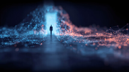 Man walking through an abstract digital tunnel. Internet big data analysis and data processing in information technology.