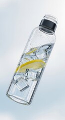 Refreshing Glass Water Bottle with Lemon Slices and Ice Cubes, Condensation Droplets