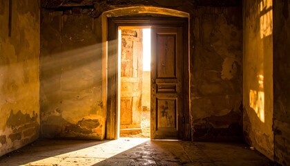 Sunlight streams through an open door in a dilapidated room