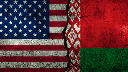 United States of America and Belarus political tensions and relations concept background with flags on textured wall