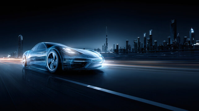 Digital wireframe car driving on a futuristic highway at night. Autonomous vehicle technology and smart transportation concept.