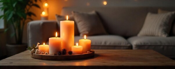 Cozy living room scene featuring several lit candles on a wooden table, casting a warm, inviting glow Perfect for home decor, relaxation, and hygge-themed projects , relaxation, lighting, cozy