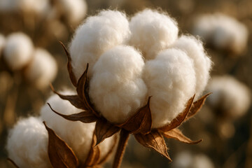 Branch white cotton flower, cotton field in the background ready for harvest under a golden sunset. Illustration