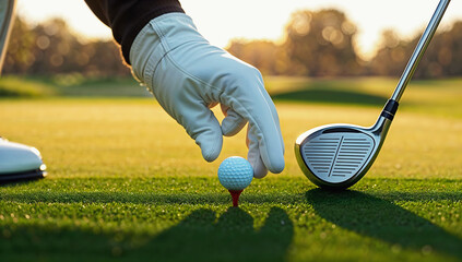Close-up of golfer hand in white glove placing ball on red tee with driver club ready to swing on green grass golf course at sunset, sport background