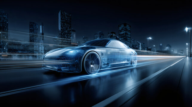 Digital wireframe car driving on a futuristic highway at night. Autonomous vehicle technology and smart transportation concept.