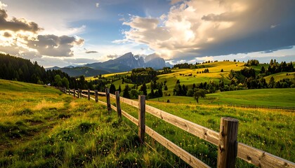 Picturesque alpine meadow at sunset