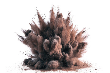 Exploding earth, a brown-gray dust cloud erupts outwards from a central point, against a black background