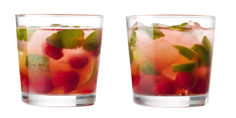 Two raspberry lemonade drinks with mint and lime isolated on a transparent background