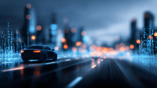 Modern car with data overlay driving on road at night. Future transportation and smart technology. Artificial intelligence concept. - Powered by Adobe