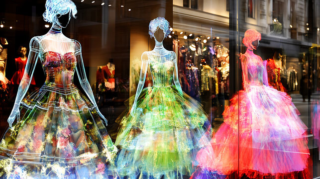 Vibrant, Illuminated Dresses on Display in a Store Window