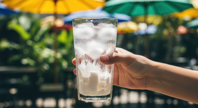 Refreshing iced drink held in hand with colorful umbrellas in the background - Powered by Adobe