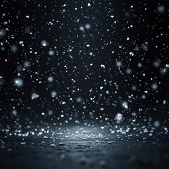 Magical winter night scene with falling snowflakes illuminating a dark reflective surface