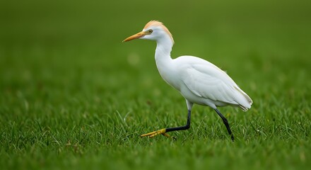 Fototapeta premium White Cattle Egret in Green Grassy Field.