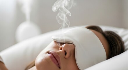 Relaxing steam eye mask treatment on woman in bed, close-up view