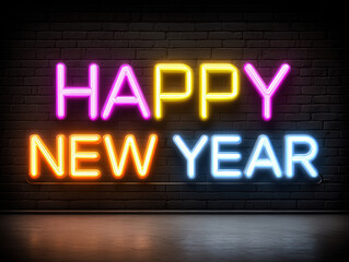 Obraz premium Urban New Year 2026 celebration with large multi-colored Happy New Year sign on brick wall, vibrant colors, artificial lighting, graphic design aesthetic - AI-Generated