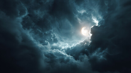 Fototapeta premium Full moon shining through dark, dramatic storm clouds at night. Moonlight illuminating a cloudy sky. Spooky Halloween, nature atmosphere.