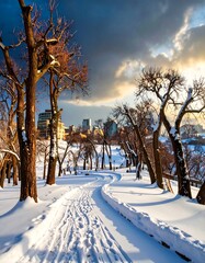 Snowy park path at sunset