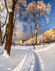 Snowy park path in winter