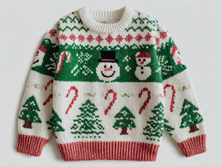 Knitted holiday sweater with two snowmen and three Christmas trees, primarily white with ribbed neckline in pink or light brown Soft lighting suggests an indoor setting No additional - AI-Generated