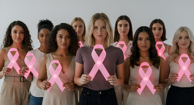Grupo diverso de mulheres de v&aacute;rias idades e etnias segurando la&ccedil;os rosas iluminados, em fundo branco minimalista