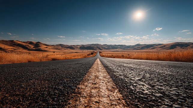 Desert highway stretches through Nevada under a clear blue sky and bright sun near mountains, road marked with yellow line disappearing into the distance - Powered by Adobe