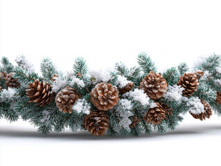 A natural pine cone and fir branch wreath, possibly a festive holiday ornament, featuring varying brown and green pine cones with a dusting of white powder, displayed against a neutral - AI-Generated