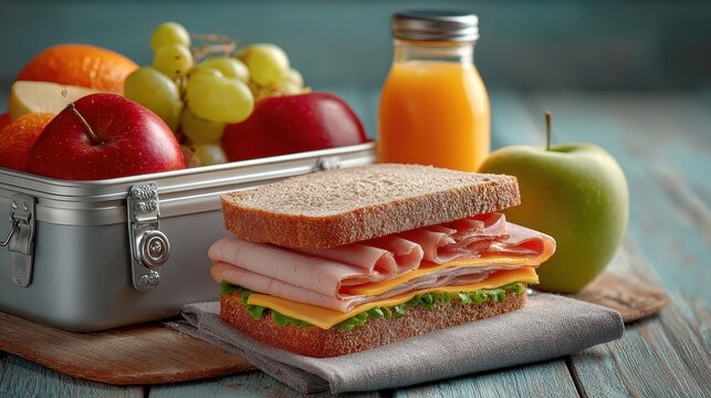 Nutritious school lunch featuring a sandwich, fruits, and juice prepared on a blue wooden table for student