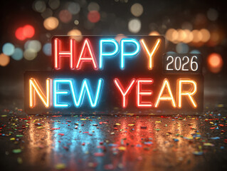 New Year 2026 celebration, neon sign Happy New Year with party poppers and streamers on a blurred background - AI-Generated