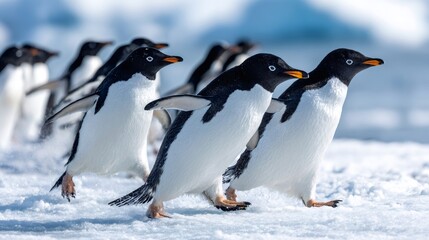 Obraz premium Gentoo penguins running on snowy ground in antarctica
