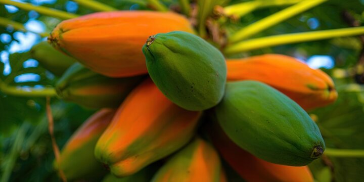 Fresh papayas hanging from a tree, displaying a blend of green and orange colors.