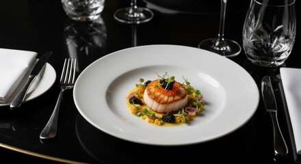 Seared Scallop with Caviar and Corn Succotash on White Plate, Dark Background