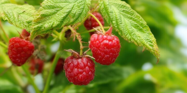 Juicy, ripe raspberries bursting with flavor on a green, leafy bush, ready for harvest.