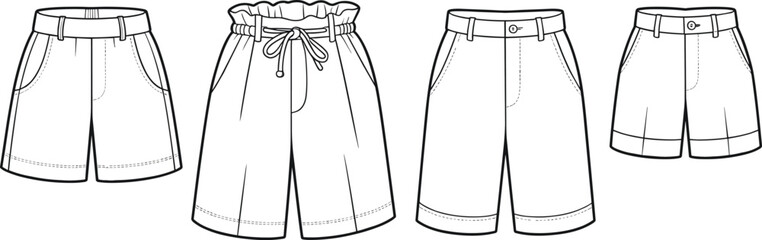 Shorts technical sketch, four style variations, belt loop, elastic waistband, button closure, hem details, cad drawing flat vector illustration
